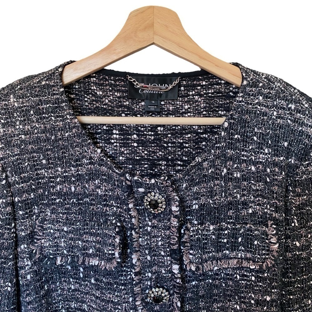 St. John Couture Black Tweed Fringe Boucle Knit Blazer Jacket Womens 16……​​​​​ - Picture 2 of 6